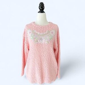 Vintage Paris Sports Club Prep Light Pink Knit Floral Embroidered Sweater Small